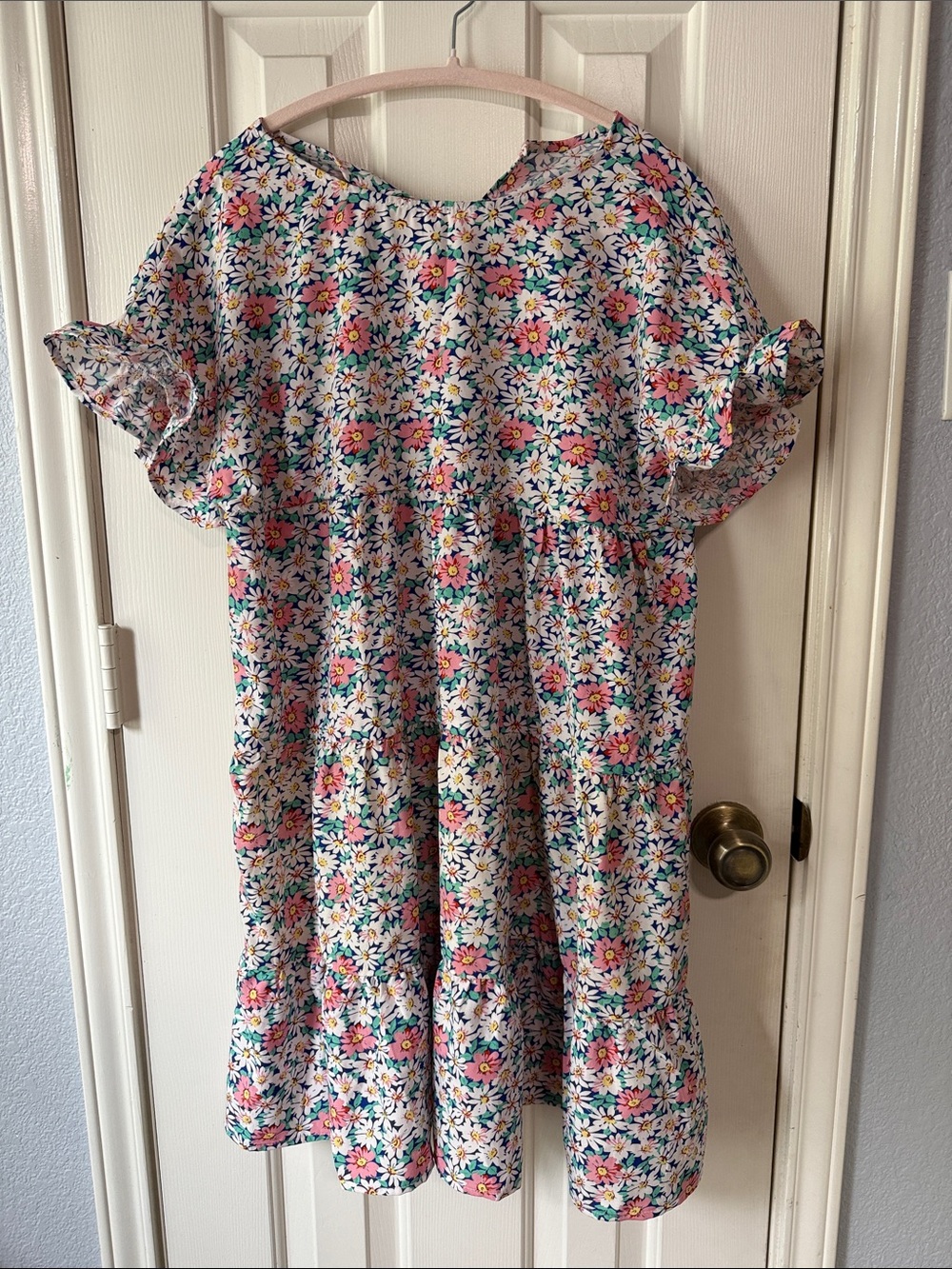 SHEIN White Floral Daisy Print Tiered Dress with Pink & Green Accents